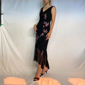 black chiffon floral dress w/ sequins and beads vintage